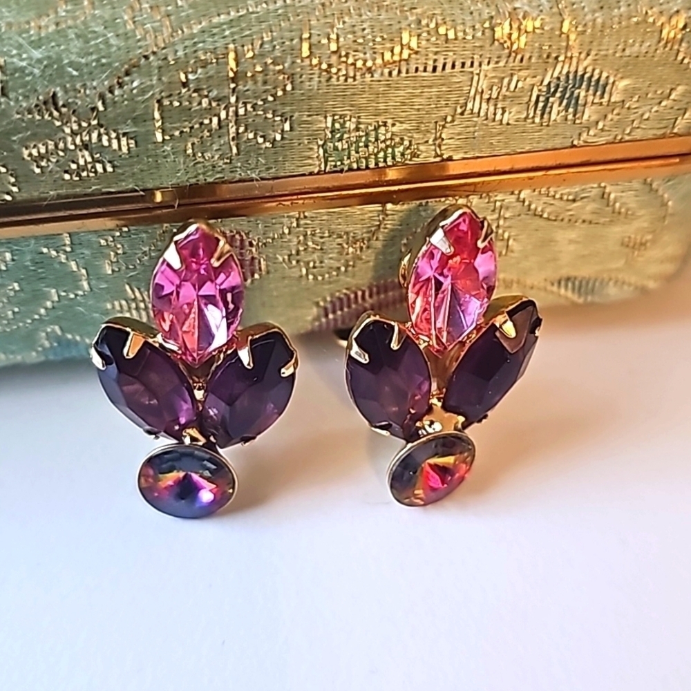 Vintage Aurora Borealis Rhinestone and Purple Crystal Clip On Earrings